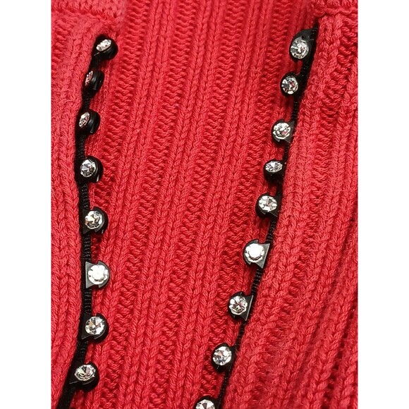 Vintage Von Saken Sweater Cardigan S Red Crystal Zipper Ribbed Bling USA Glam - Picture 7 of 9